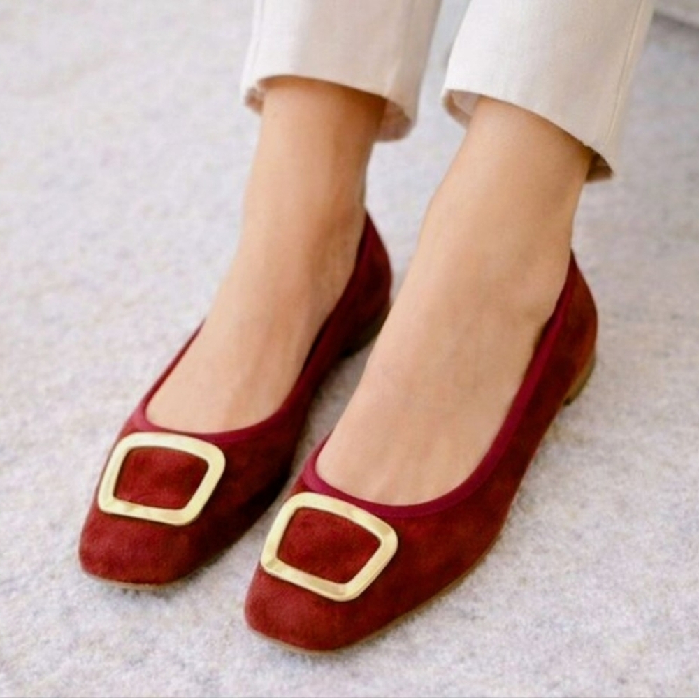 Avellini Burgundy Red Suede Ballet Flats Square Toe Gold Brass Buckle
